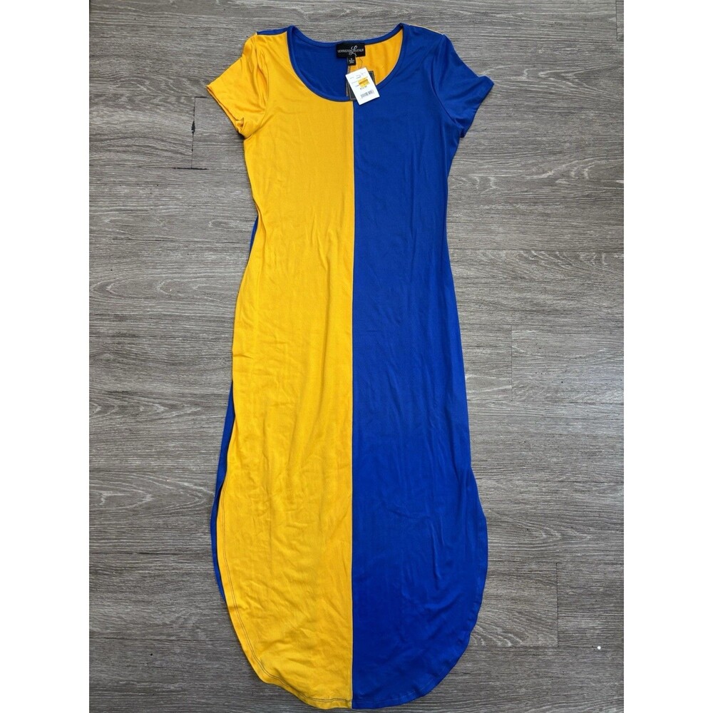 Lexington Avenue Blue & Yellow Short-sleeve Split Color-block Maxi Dress Size M